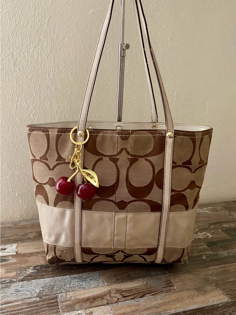 Coach Brown Signature Canvas Tote with Cherry Charm